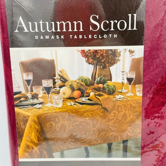 Fall Style Autumn Scroll Wine Cranberry Damask Oblong Oval Tablecloth 60” x 84” - Picture 2 of 8